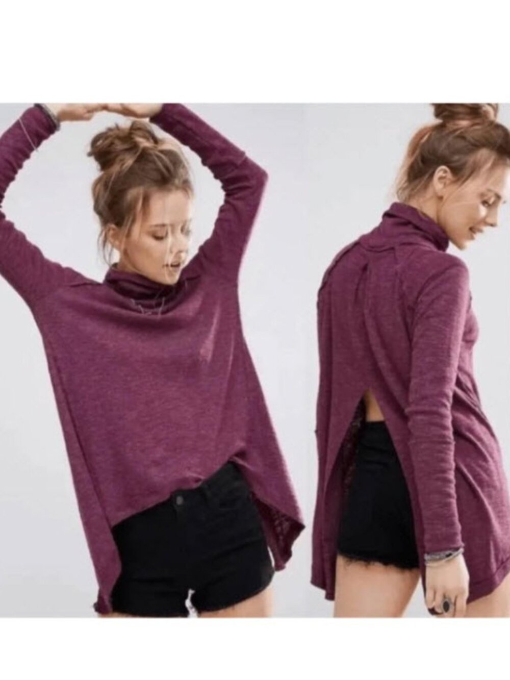 Free People Juicy Split Back Cowl Neck Tunic Top High Low Small Plum Size small
